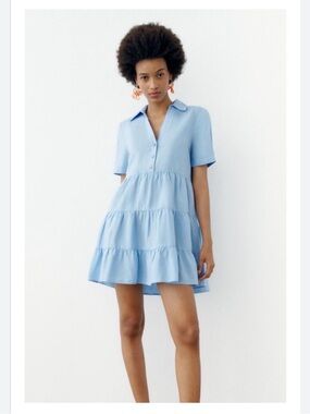 Zara Light Blue Short Sleeve Tiered Mini Dress